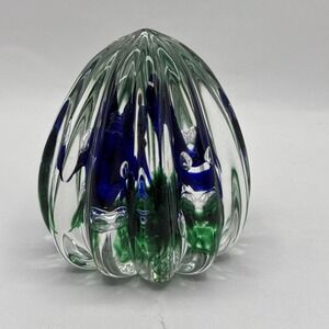 Rare Vintage Green & Blue Ridged Art Glass Paperweight Joe Rice‎ MCM Signed